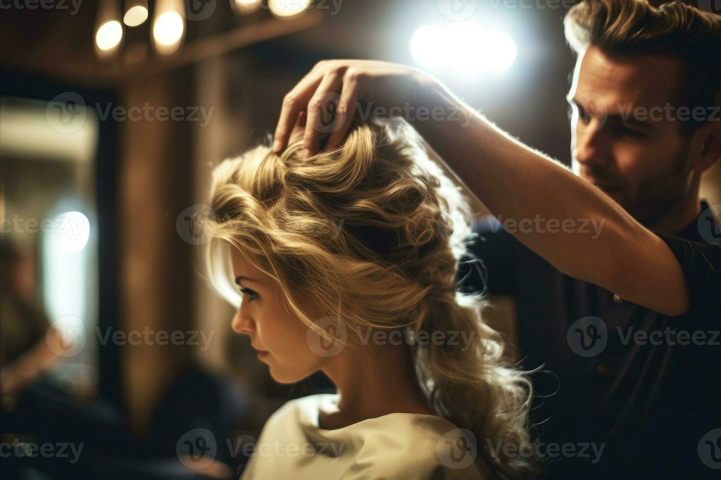 A close - up shot of a fashionable male hair stylist shaping a woman's hair in a luxurious women's salon. Generative AI photo