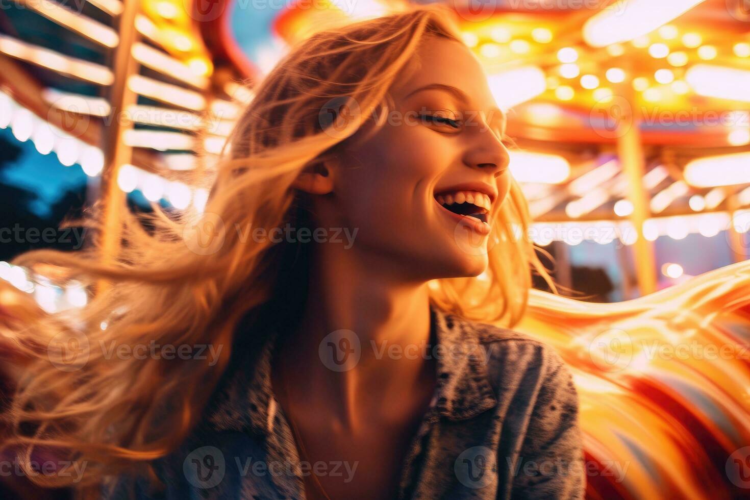 A Close Up Shot Of A Girl Her Hair Blowing In The Wind As She Rides A Carousel At An