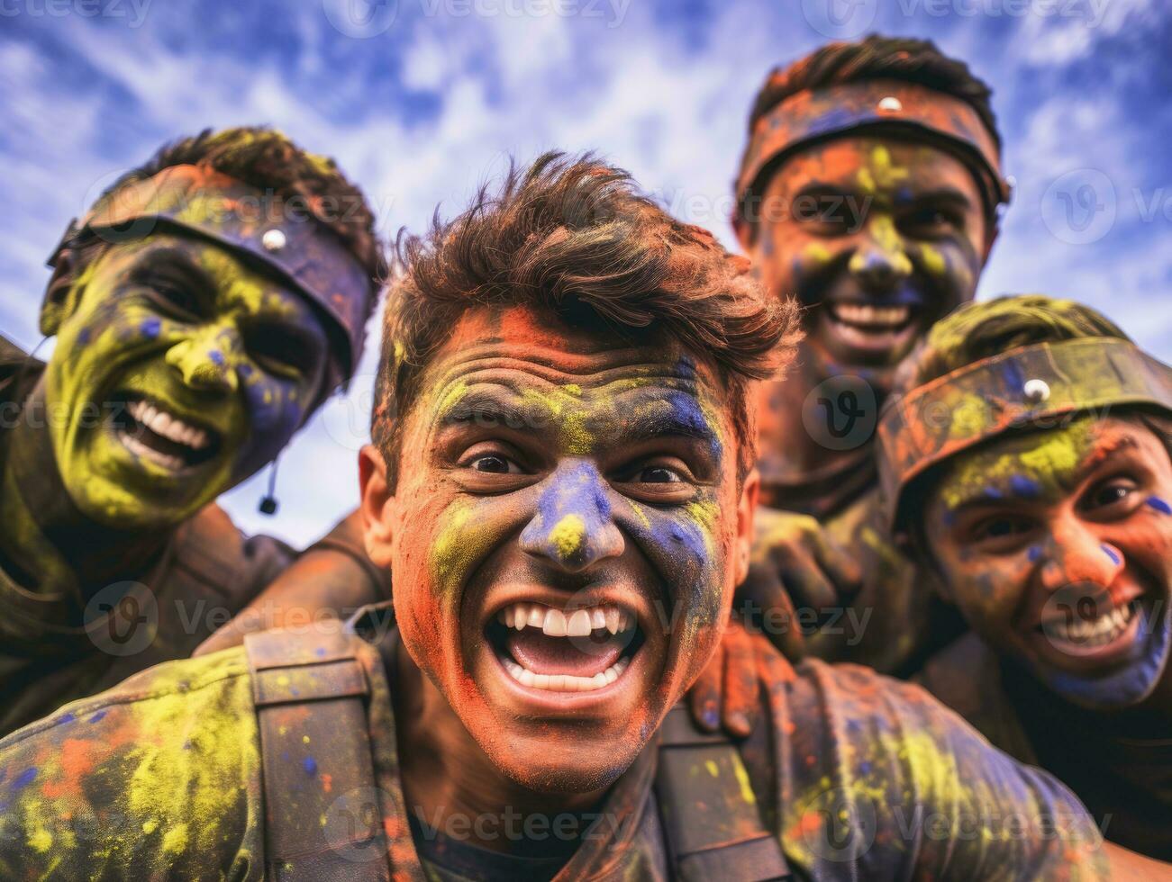 Close-up shot of group of happy friends playing paintball and having splashes of colorful paint on their faces. Generative AI photo