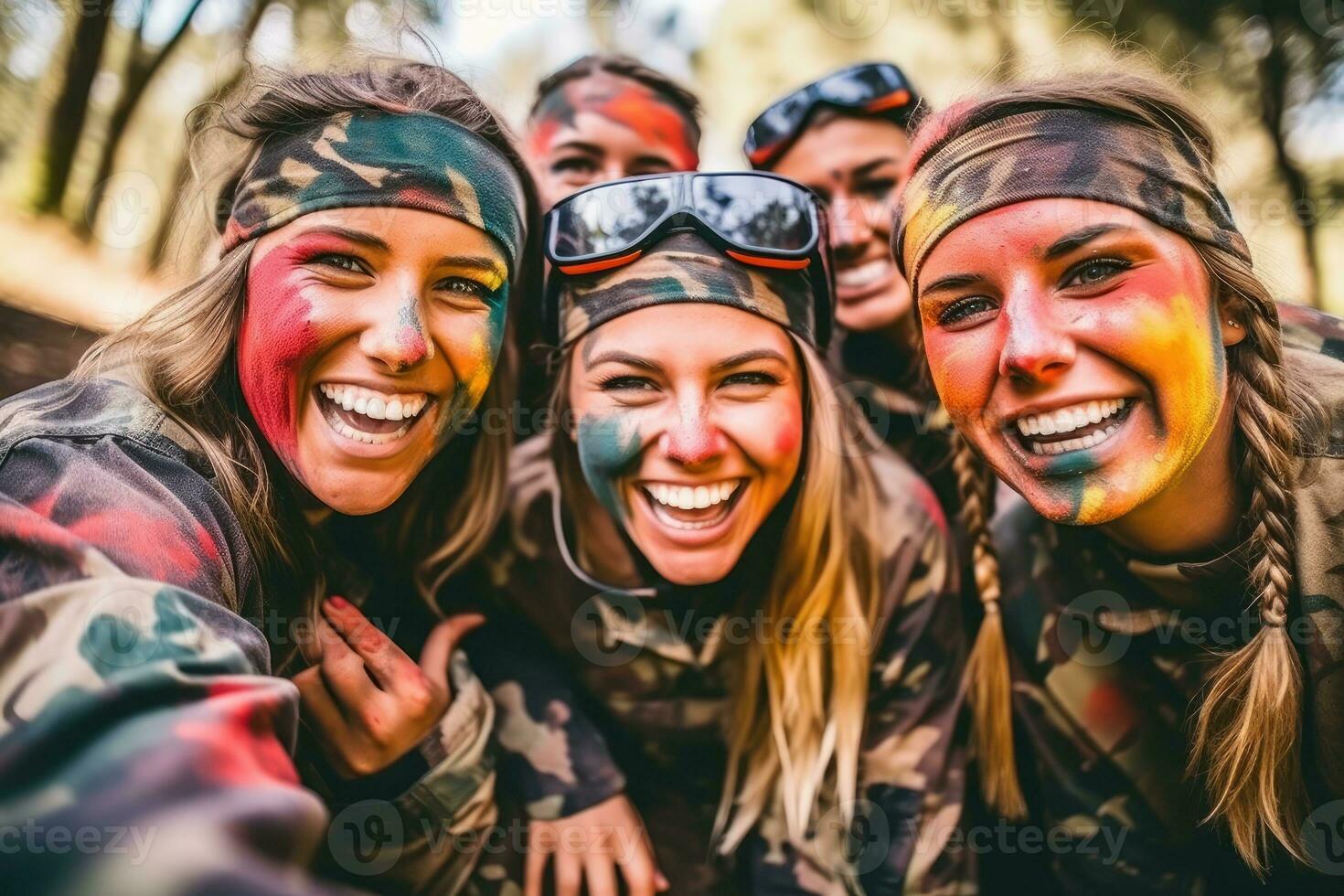 Close-up shot of group of happy friends playing paintball and having splashes of colorful paint on their faces. Generative AI photo