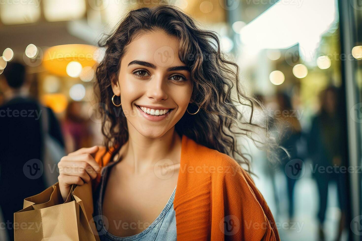 A close - up shot of a lively and animated woman who is brimming with excitement after a satisfying shopping. Generative AI photo