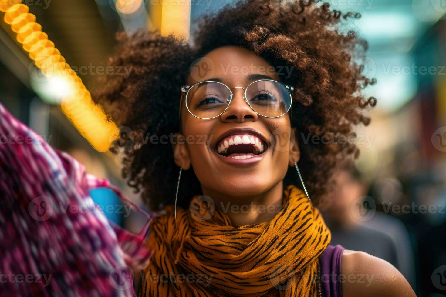 A close - up shot of a lively and animated woman who is brimming with excitement after a satisfying shopping. Generative AI photo