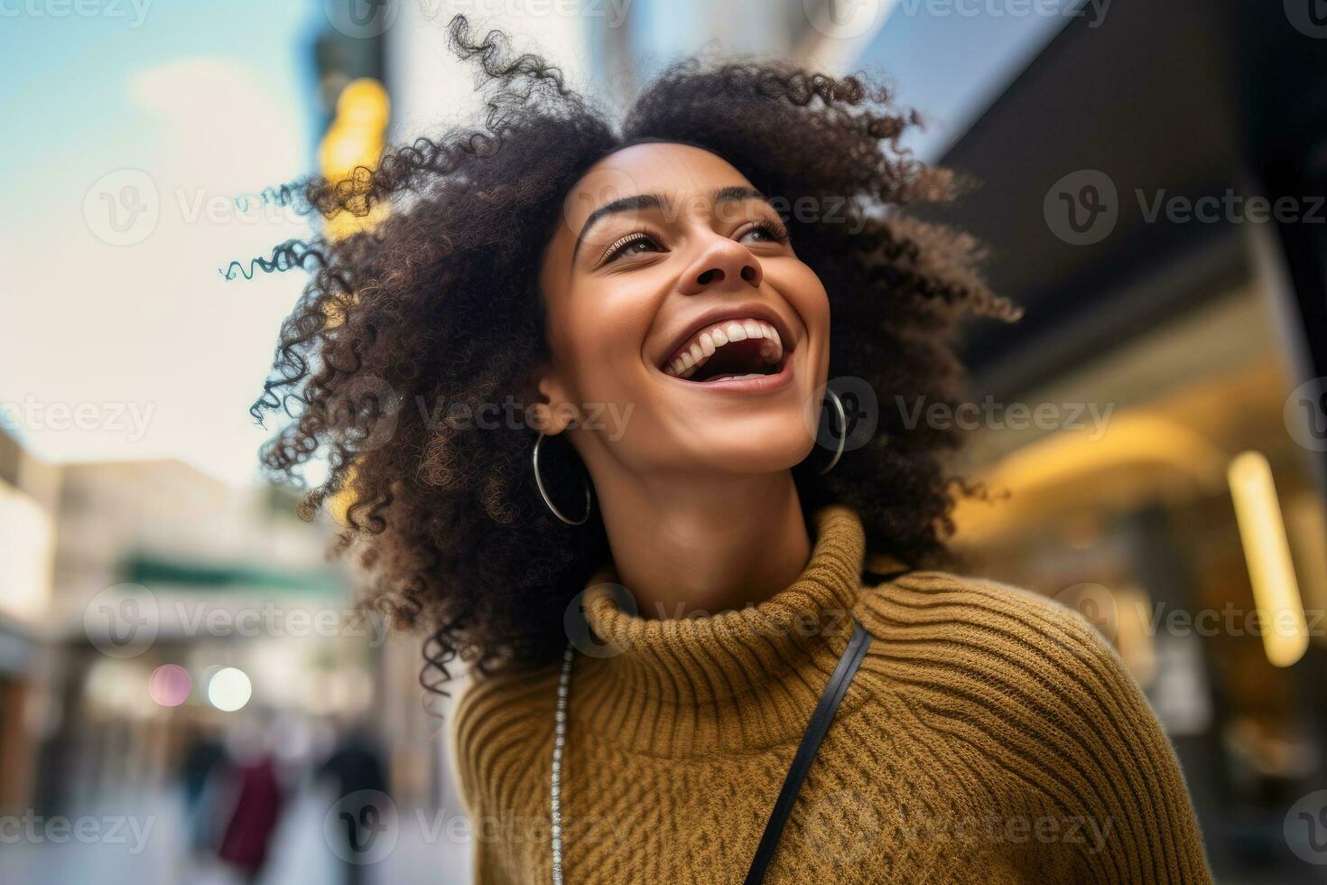 A close - up shot of a lively and animated woman who is brimming with excitement after a satisfying shopping. Generative AI photo