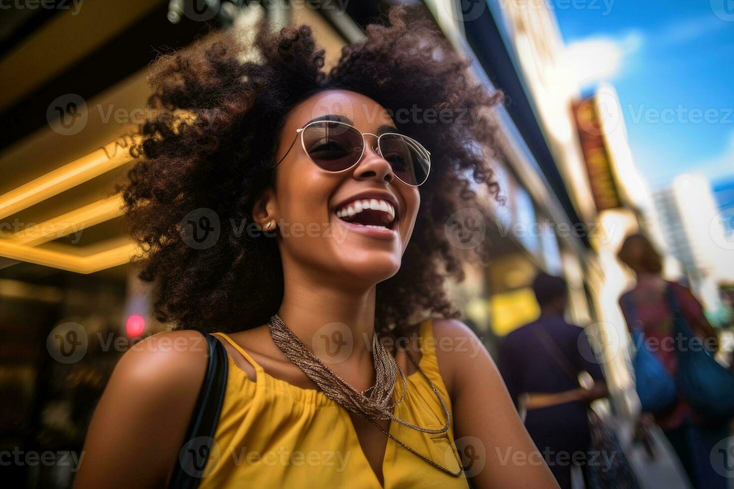 A close - up shot of a lively and animated woman who is brimming with excitement after a satisfying shopping. Generative AI photo