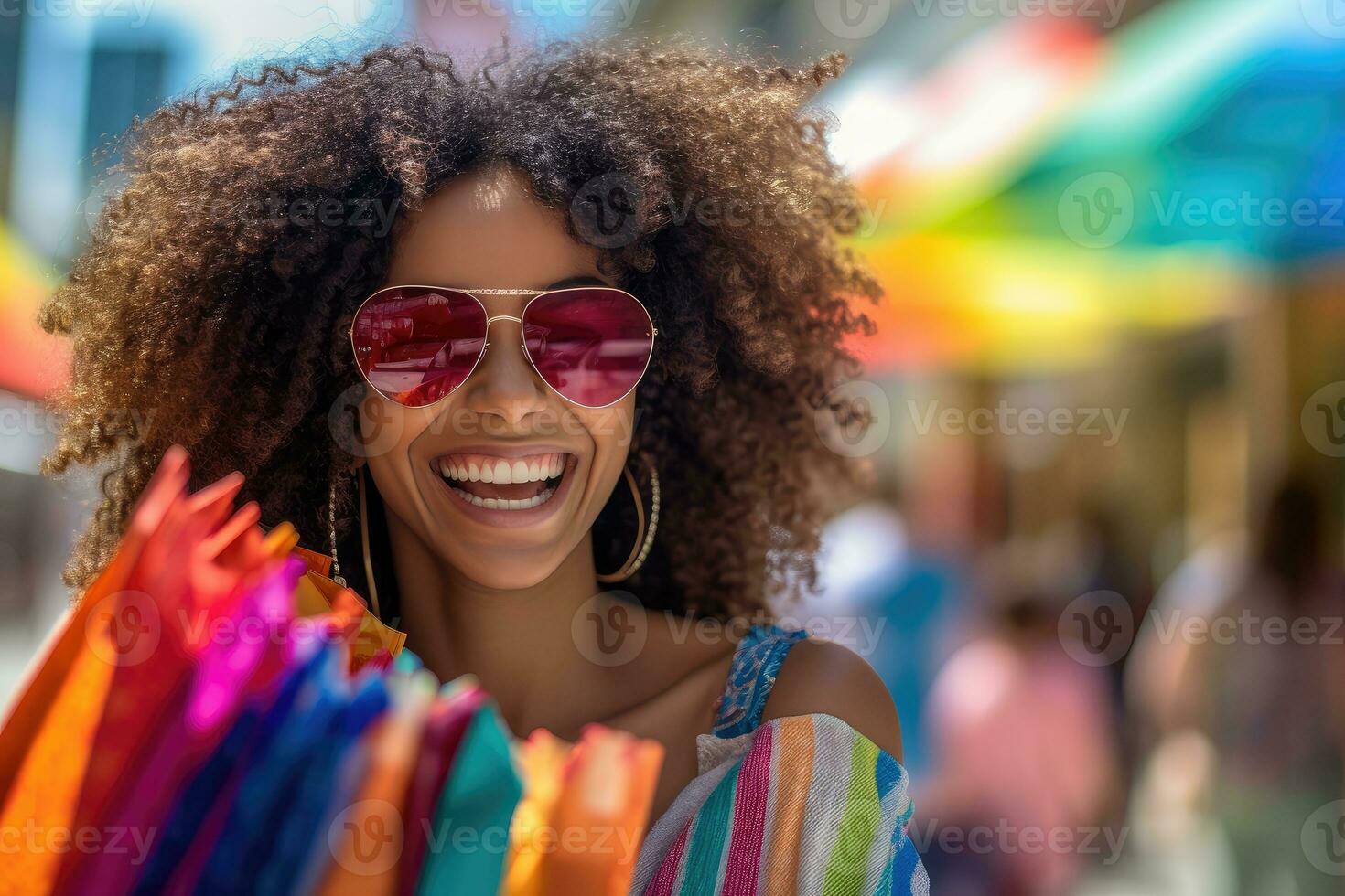 A close - up shot of a lively and animated woman who is brimming with excitement after a satisfying shopping. Generative AI photo