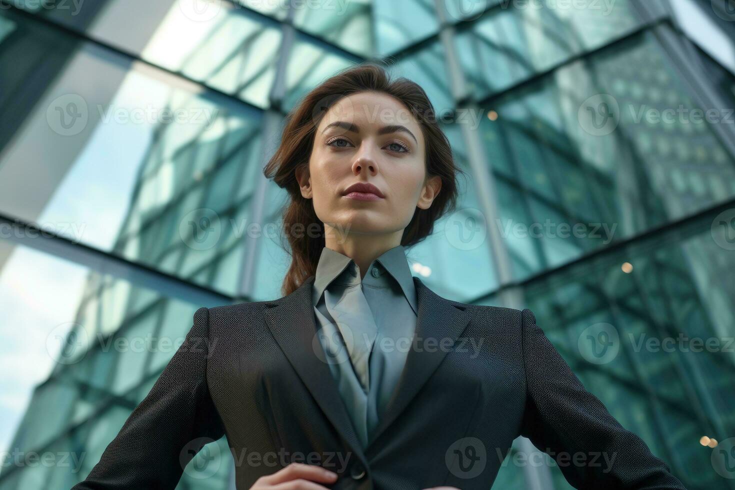 A close - up shot of a professional businesswoman with a glass high - rise building as the backdrop, symbolizing progress and ambition. Generative AI photo