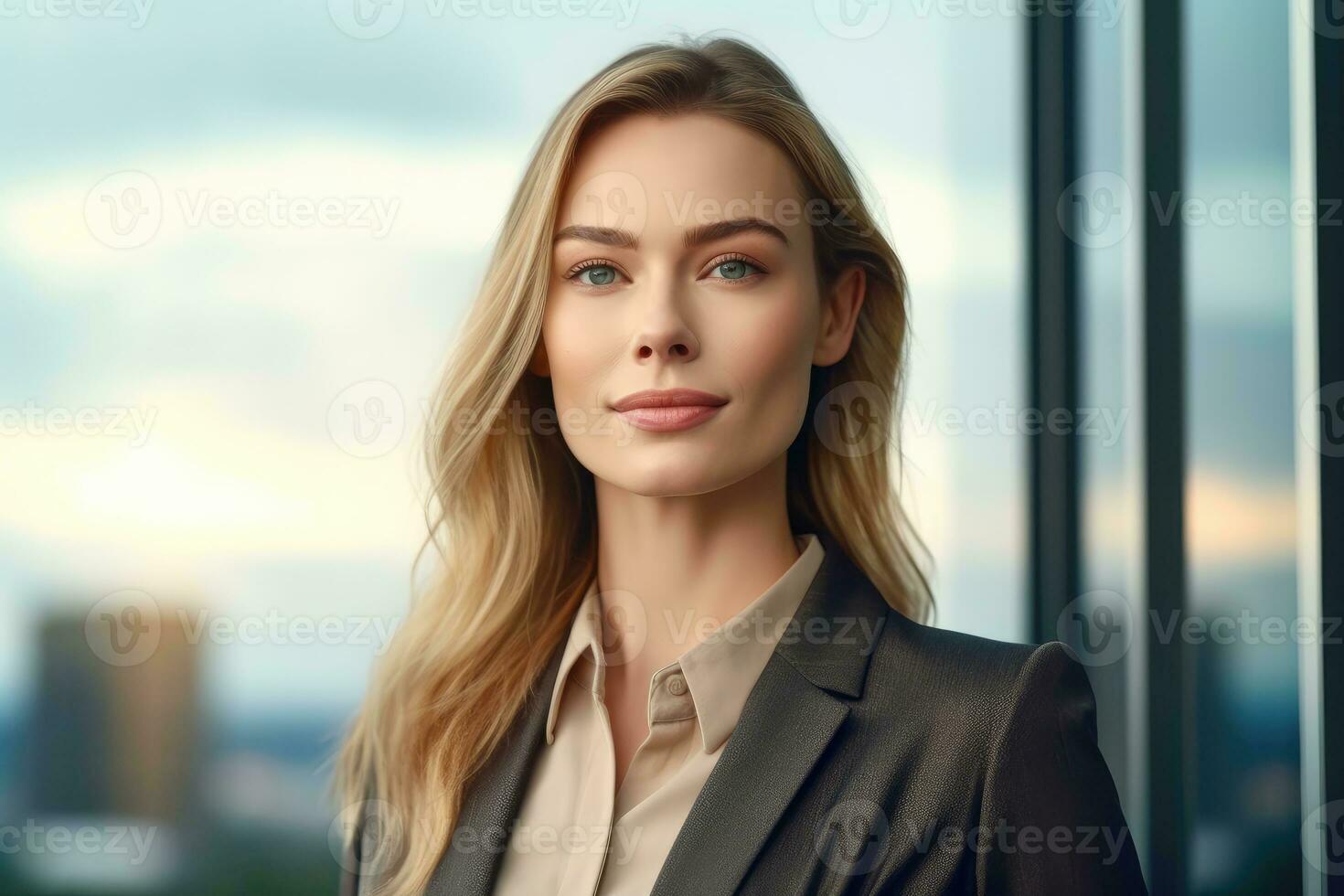 A close - up shot of a professional businesswoman with a glass high - rise building as the backdrop, symbolizing progress and ambition. Generative AI photo