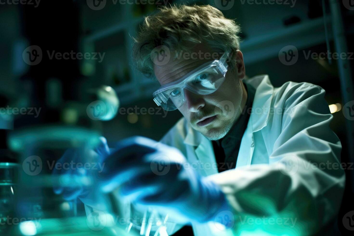 A close - up shot of a scientist in a laboratory, wearing protective goggles and examining a test tube. Generative AI photo