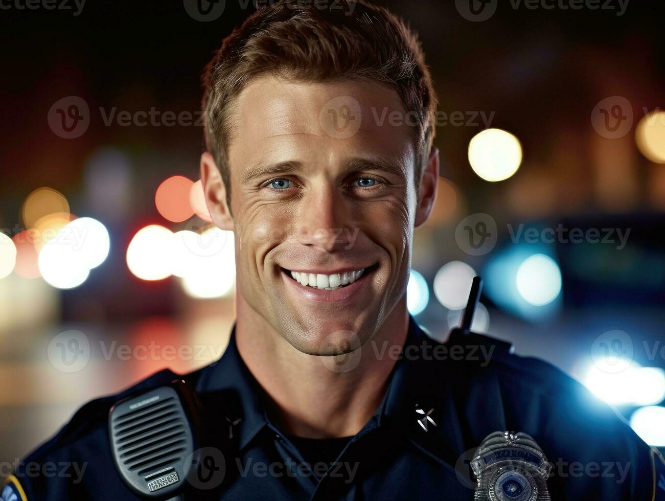 A close - up shot of a smiling Caucasian male police officer, standing confidently with a police car flashing lights in the background. Generative AI photo