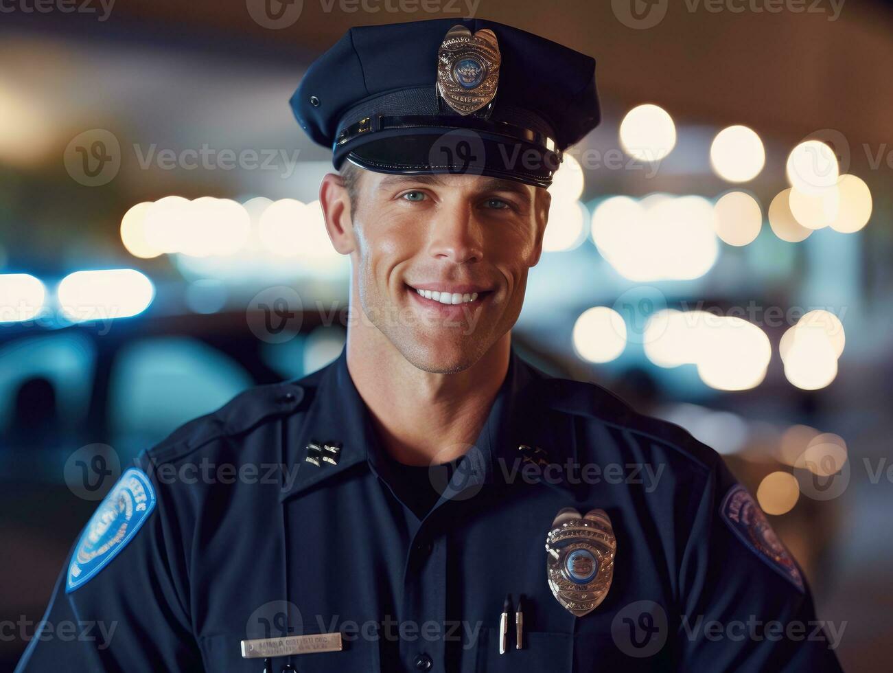 A close - up shot of a smiling Caucasian male police officer, standing confidently with a police car flashing lights in the background. Generative AI photo
