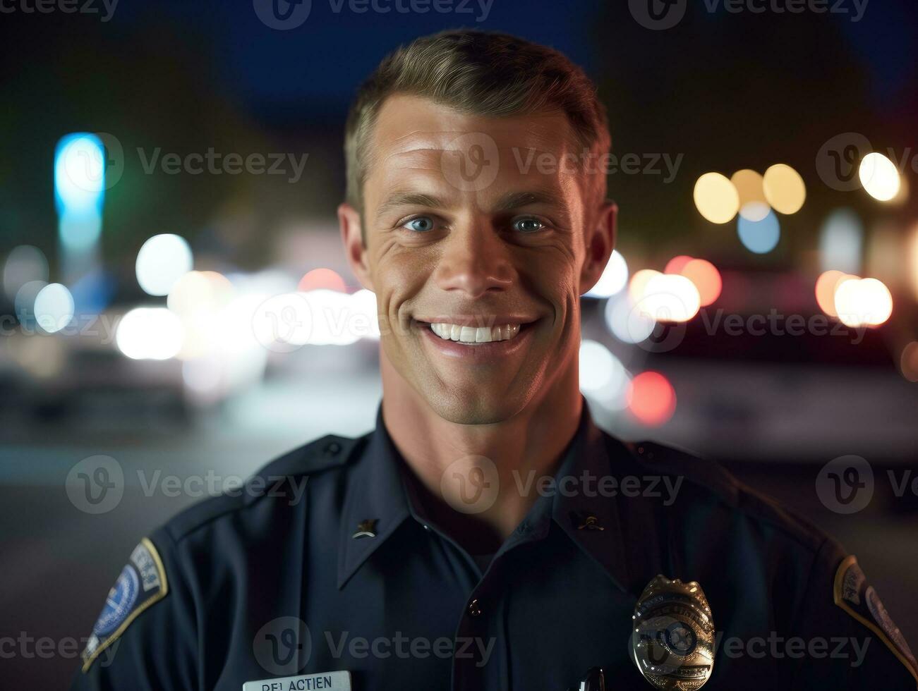 un cerca - arriba Disparo de un sonriente caucásico masculino policía oficial, en pie con confianza con un policía coche brillante luces en el antecedentes. generativo ai foto