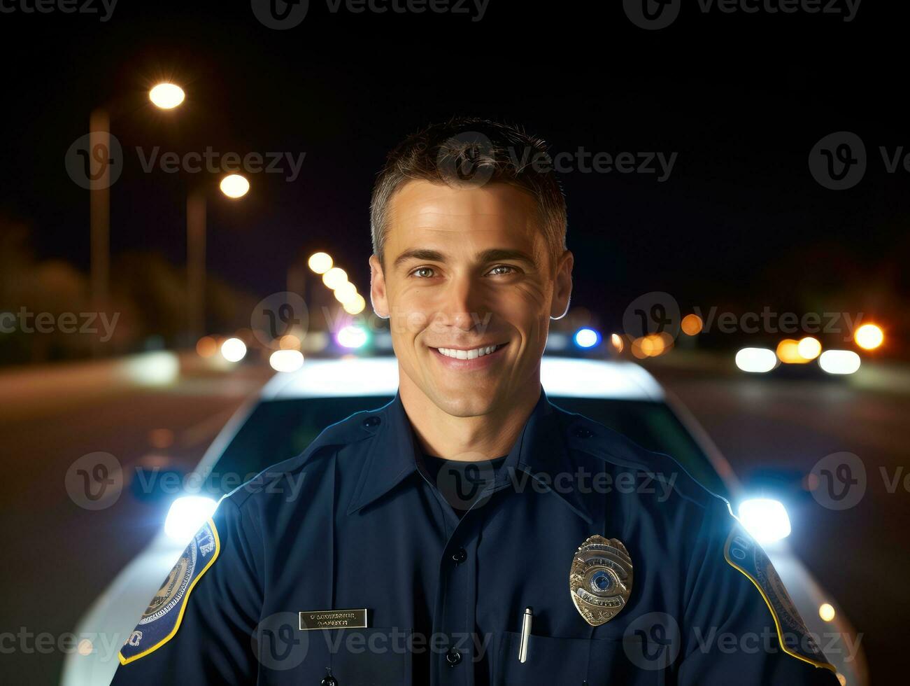 un cerca - arriba Disparo de un sonriente caucásico masculino policía oficial, en pie con confianza con un policía coche brillante luces en el antecedentes. generativo ai foto