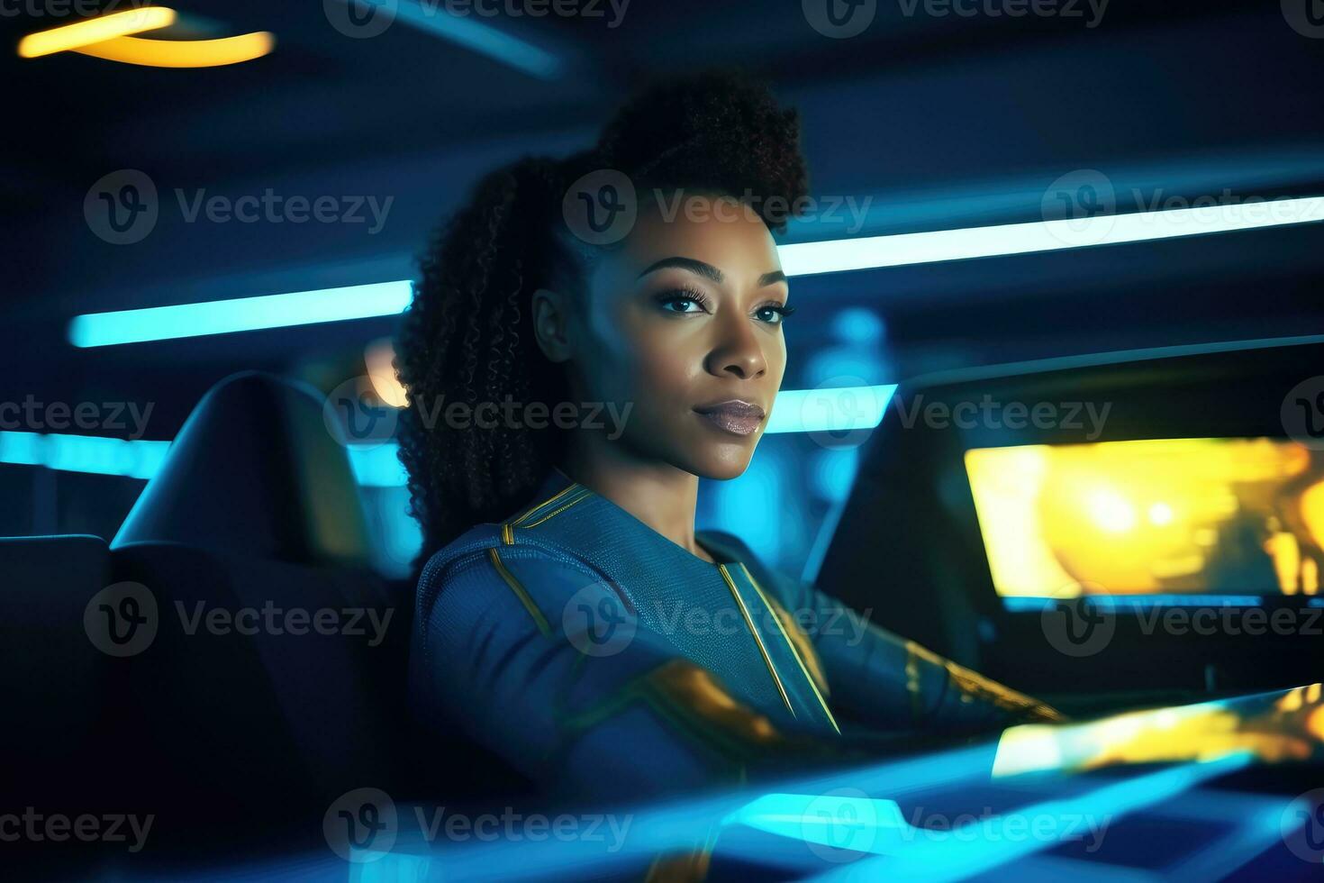 A close - up shot of a woman sitting inside a cutting - edge autonomous vehicle. Generative AI photo