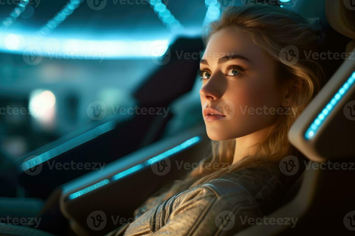 A close - up shot of a woman sitting inside a cutting - edge autonomous vehicle. Generative AI photo