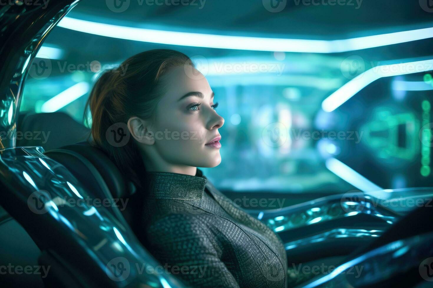 A close - up shot of a woman sitting inside a cutting - edge autonomous vehicle. Generative AI photo