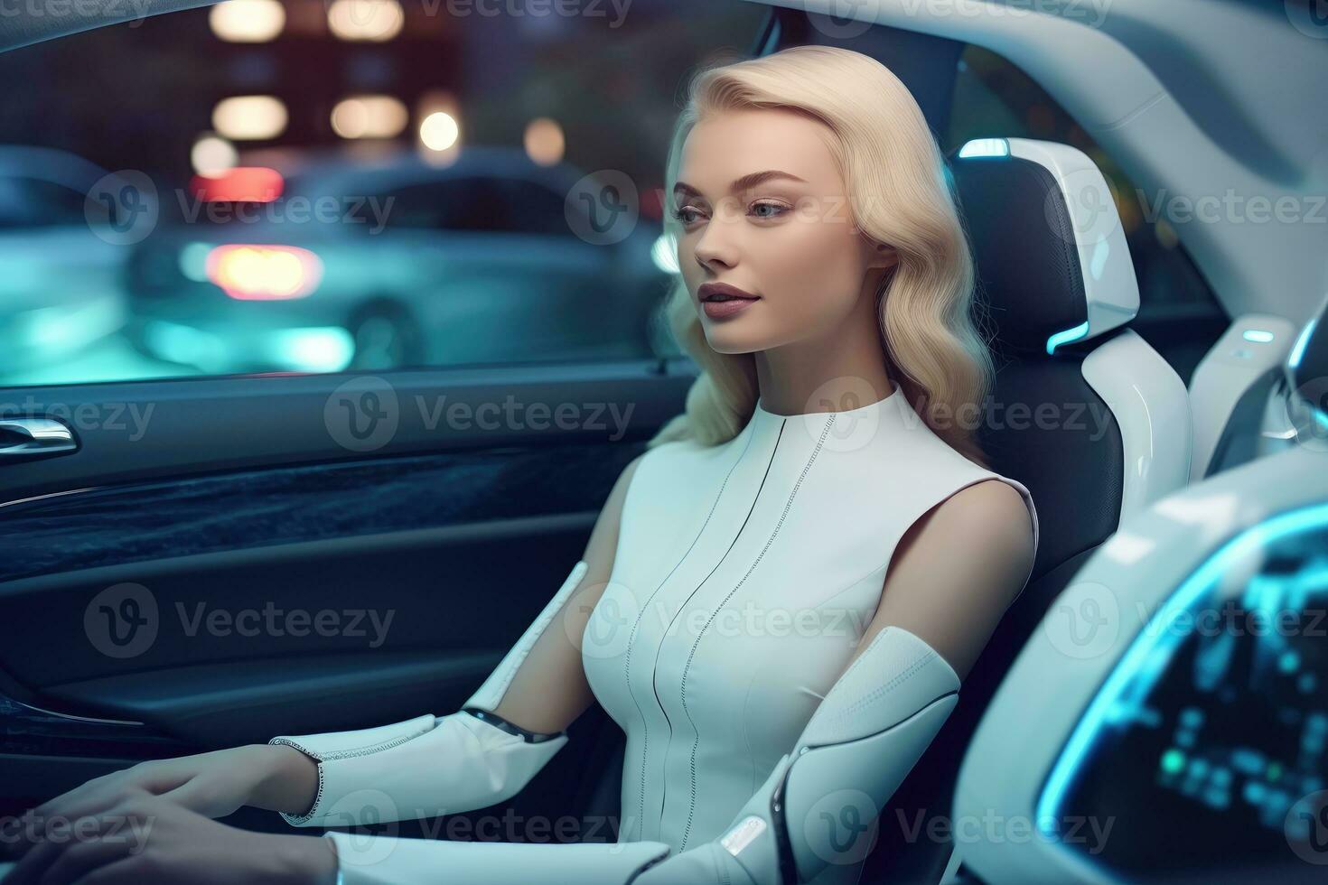 A close - up shot of a woman sitting inside a cutting - edge autonomous vehicle. Generative AI photo