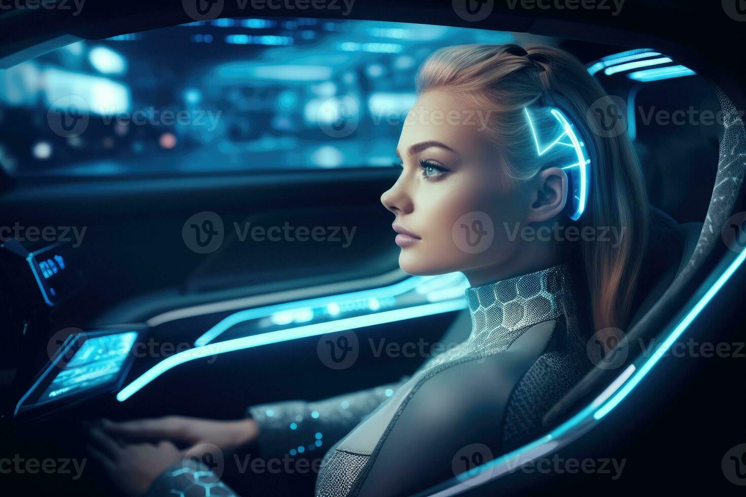 A close - up shot of a woman sitting inside a cutting - edge autonomous vehicle. Generative AI photo