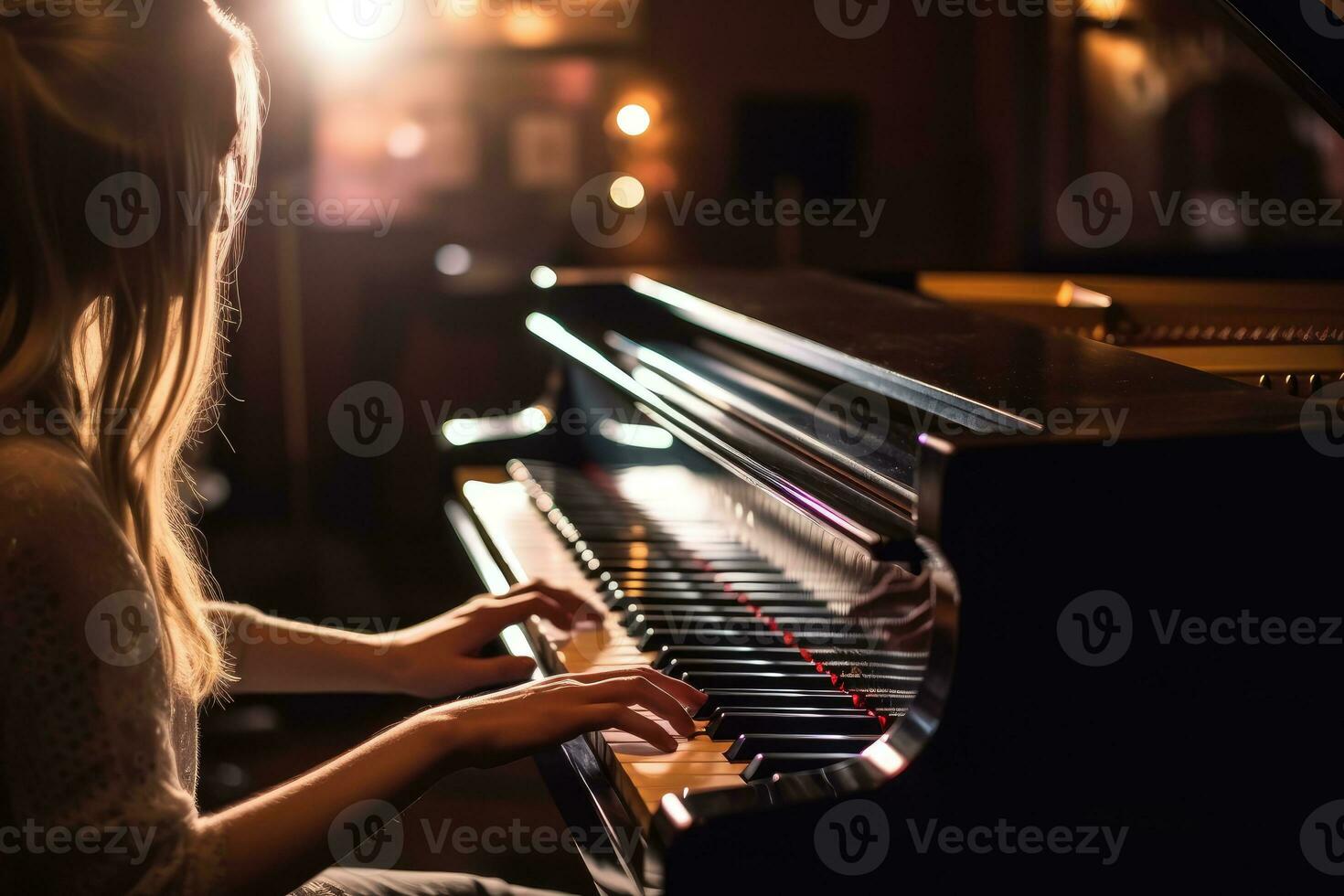 A close - up shot of a woman playing the piano in a dimly lit music studio. Generative AI photo