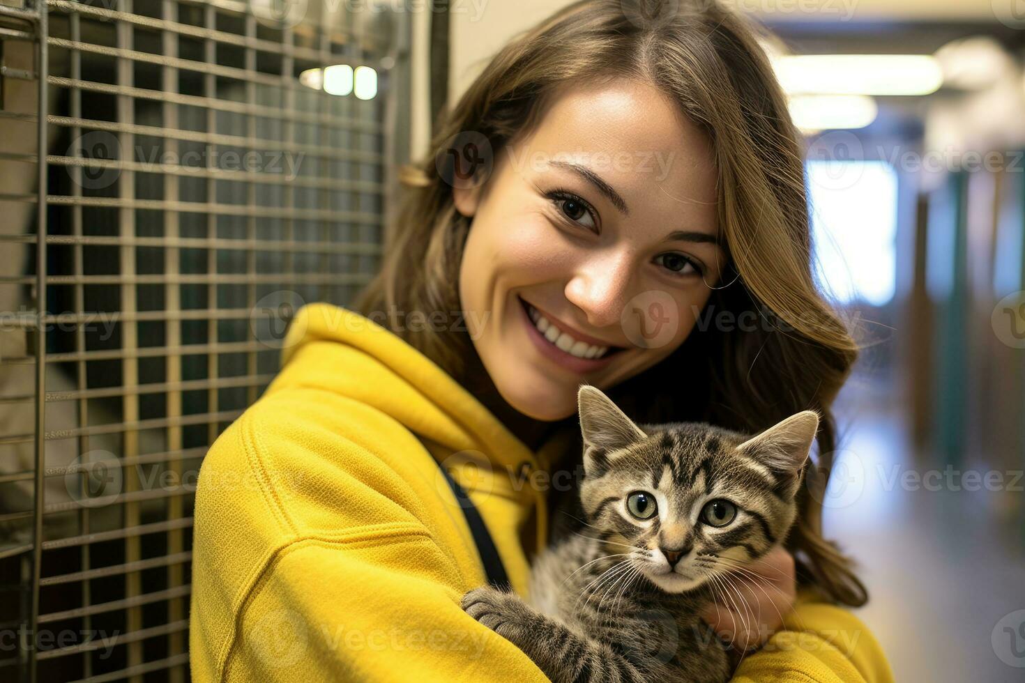A close - up shot of a woman with a gentle smile, cradling a newly adopted cat in her arms at an animal shelter. Generative AI photo