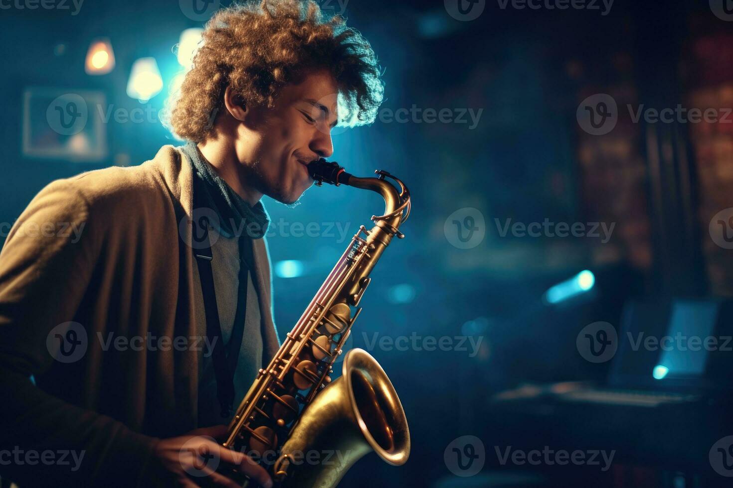 A close - up shot of a young man passionately playing a saxophone, in a dimly lit jazz club. Generative AI photo