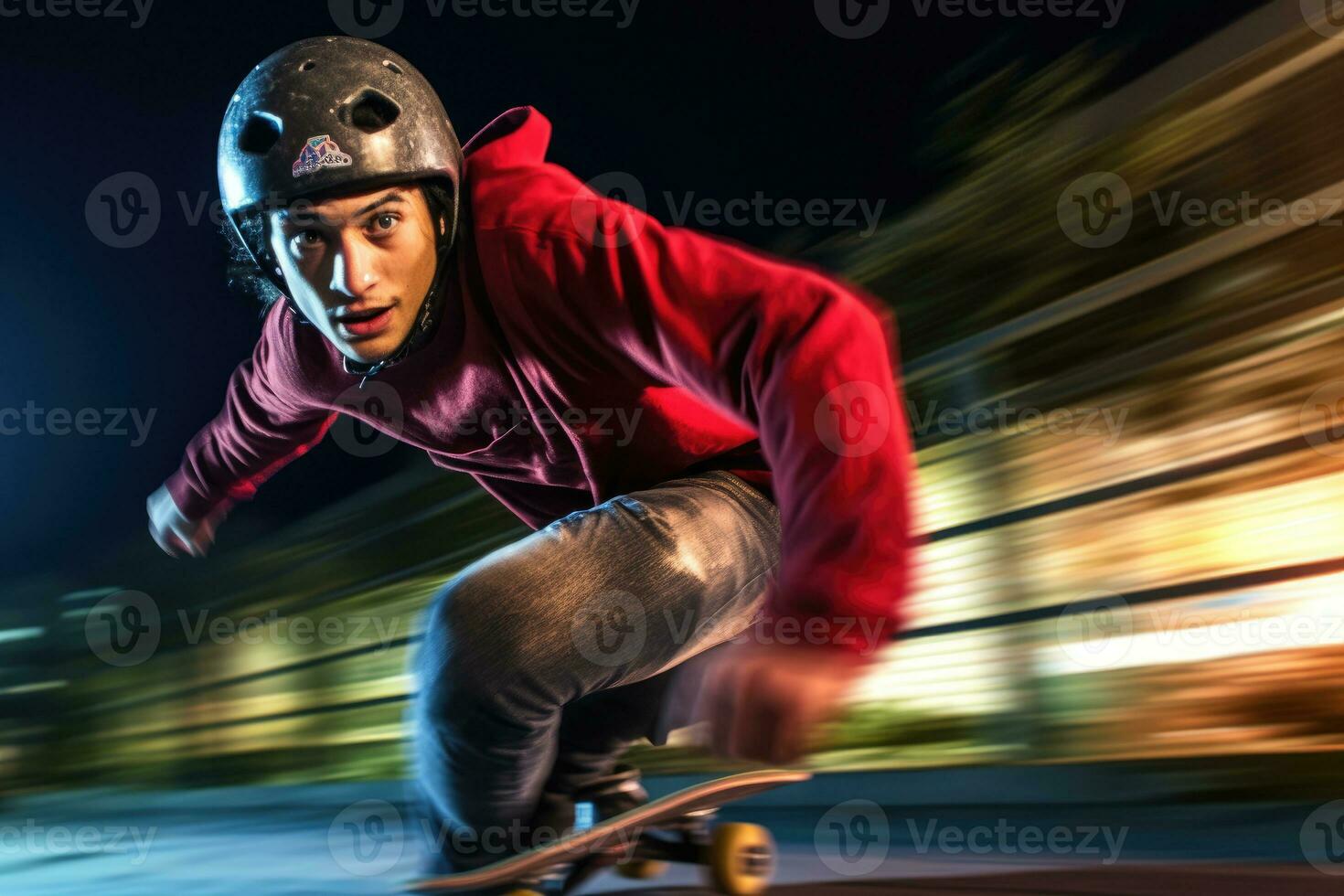 Close-up shot of young man in protective gear skateboarding at a skate park. Productive AI photo