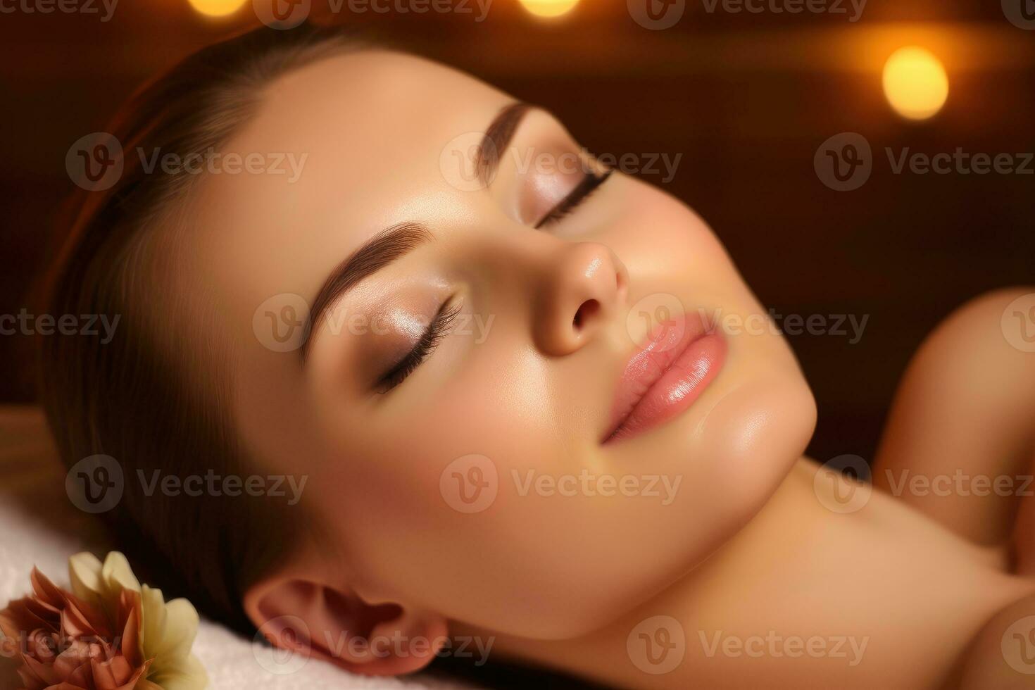 un cerca - arriba Disparo de un joven mujer disfrutando un relajante spa tratamiento. generativo ai foto