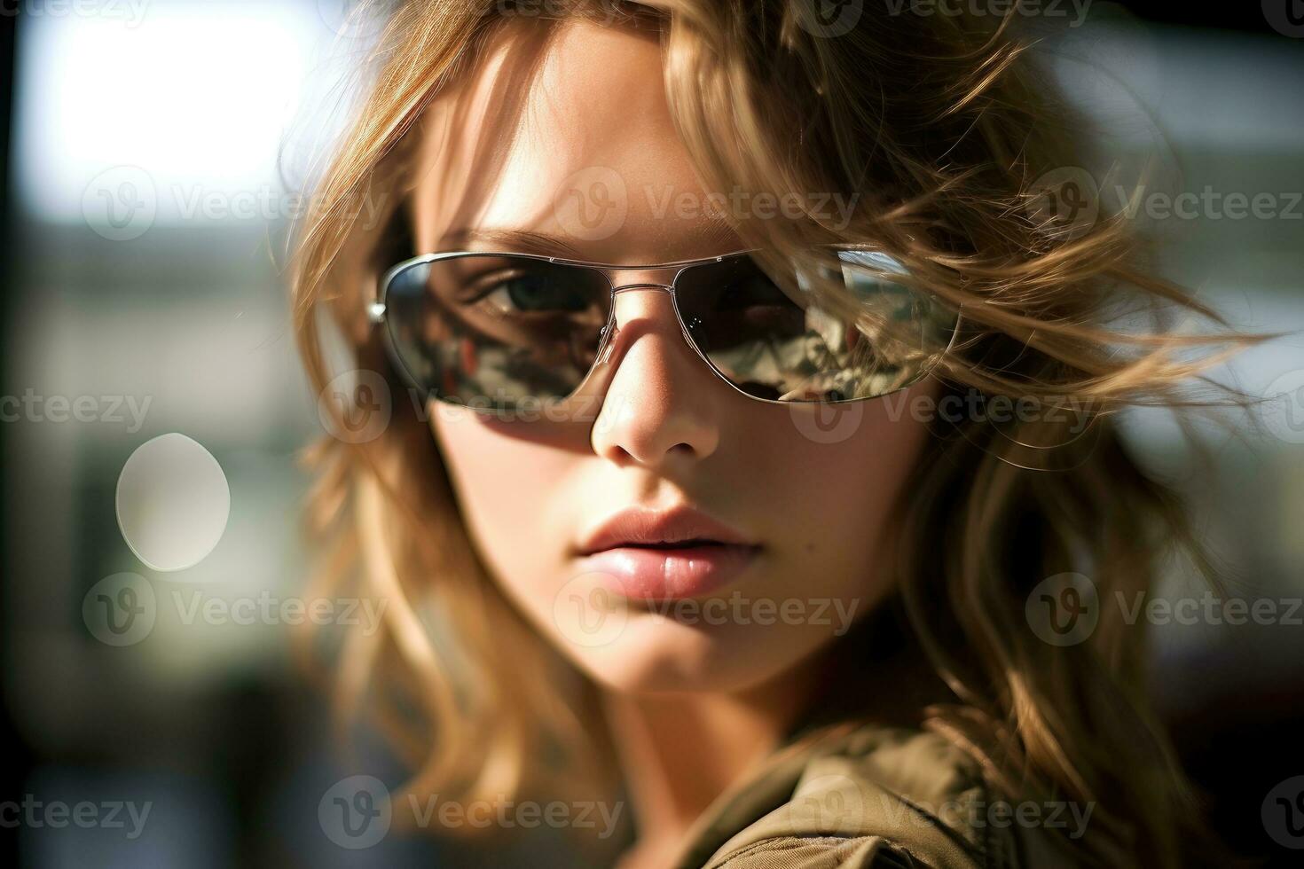 un cerca - arriba Disparo de un joven mujer vistiendo elegante Gafas de sol, exudando confianza y Moda - adelantamiento. generativo ai foto