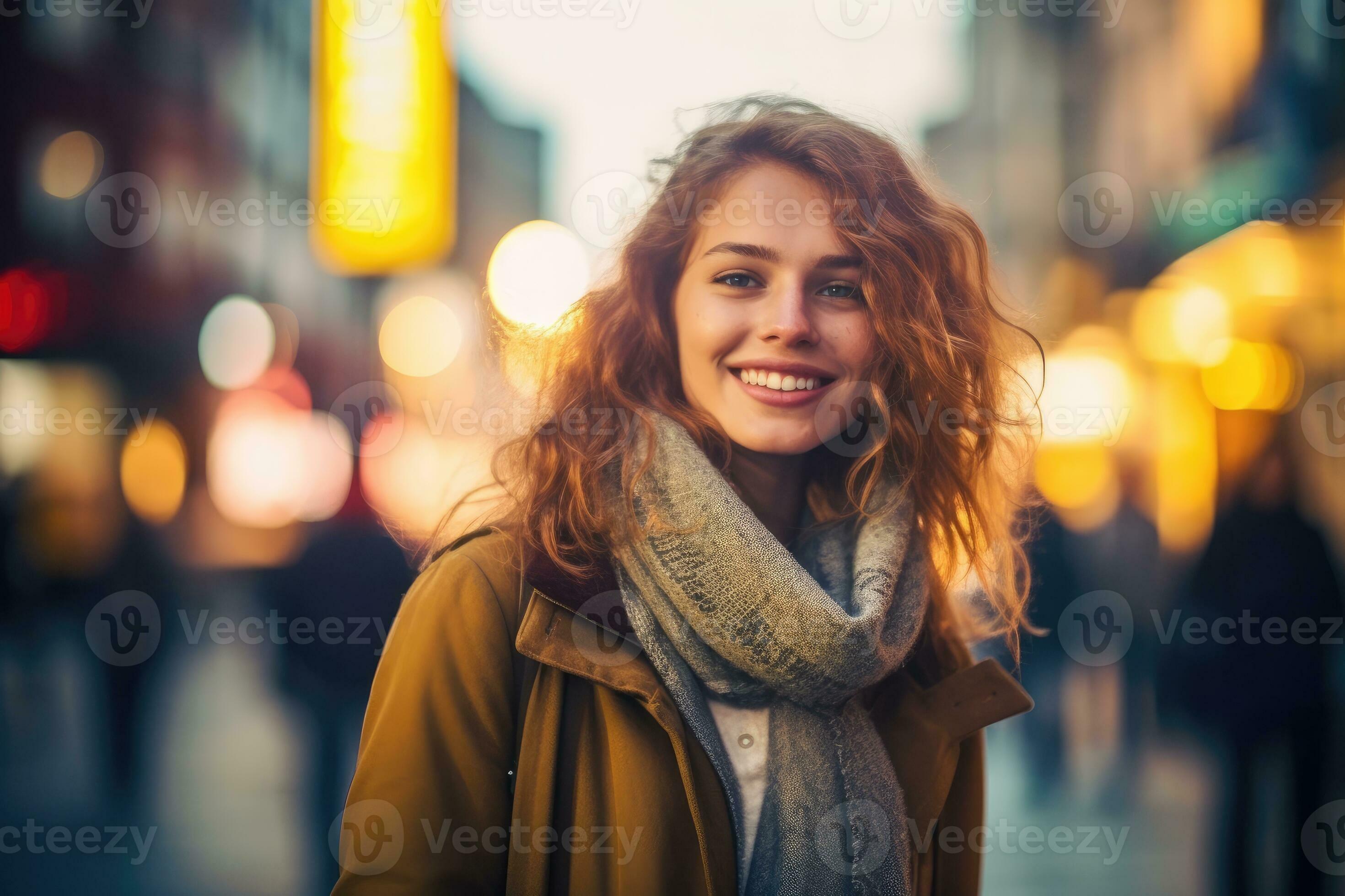 A close - up shot of an excited young woman exploring a bustling city ...