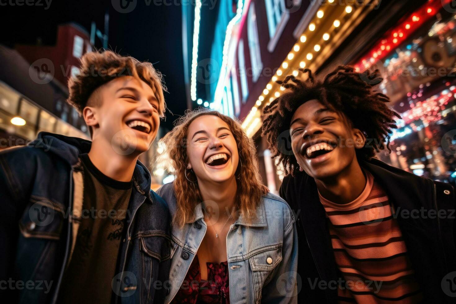 un grupo de diverso amigos riendo y teniendo divertido en un vibrante urbano ajuste. generativo ai foto