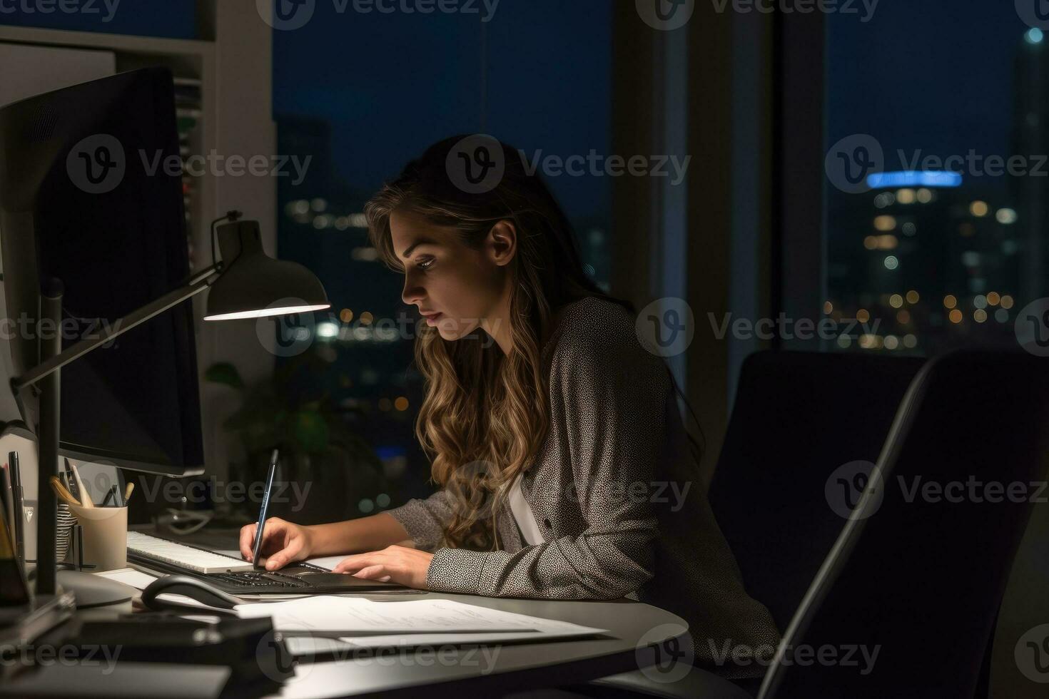 A professional businesswoman working at a modern office desk. Generative AI photo
