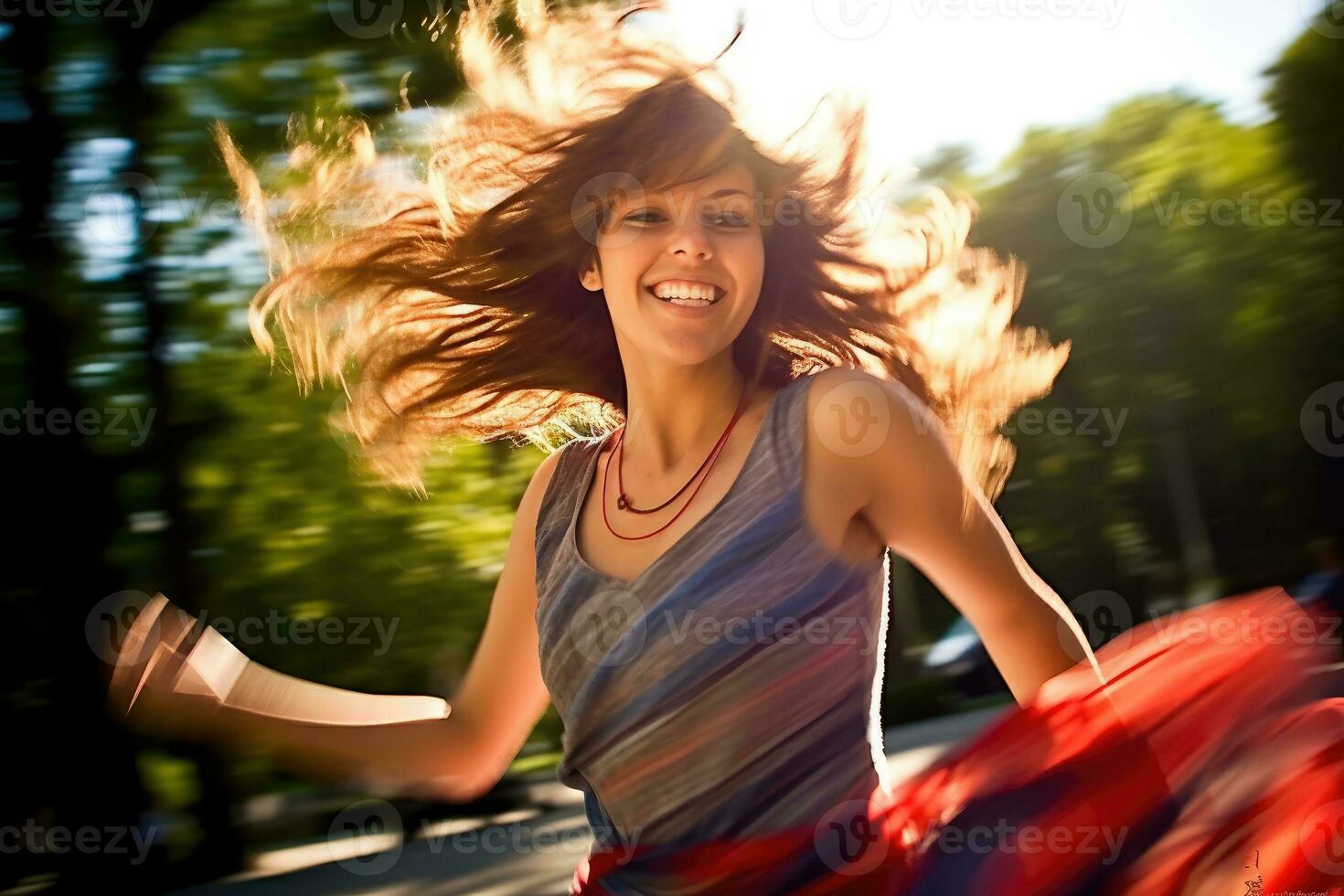 A vibrant and energetic shot of a young woman dancing in a city park. Generative AI photo