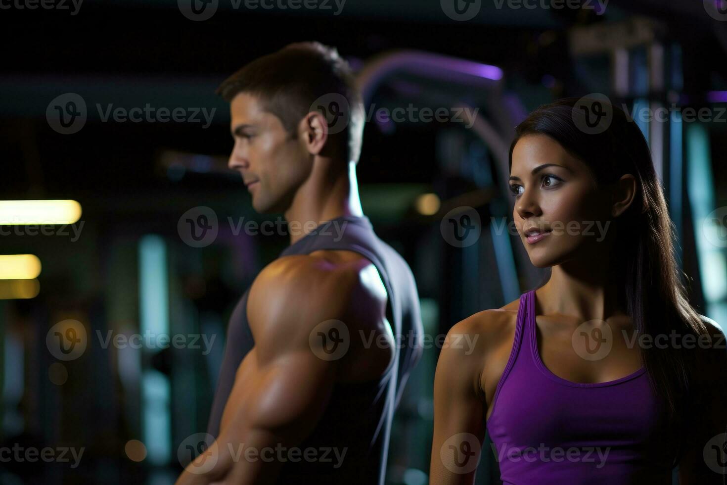 A young couple exercising together at a gym. Generative AI photo