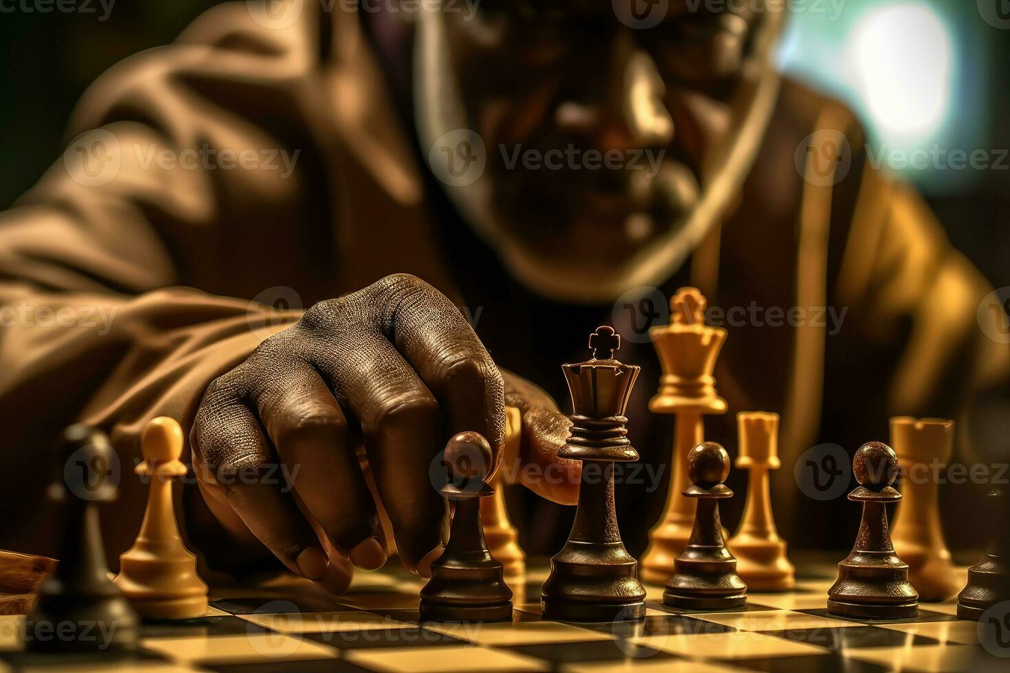 The concentration and determination of a chess player in a strategic match. Generative AI photo