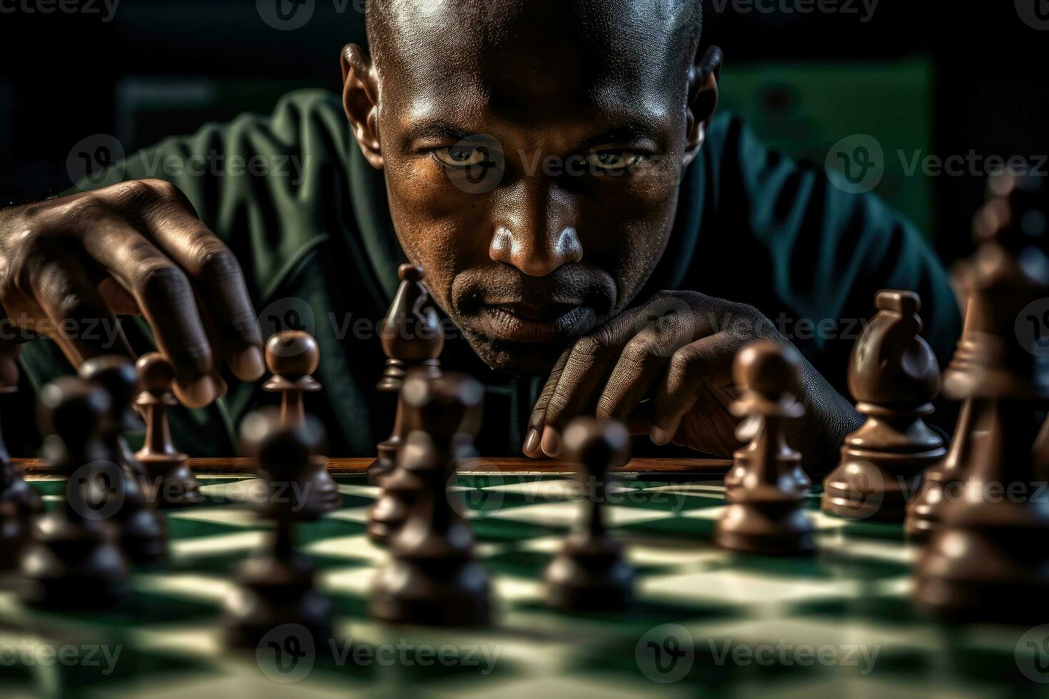 The concentration and determination of a chess player in a strategic match. Generative AI photo