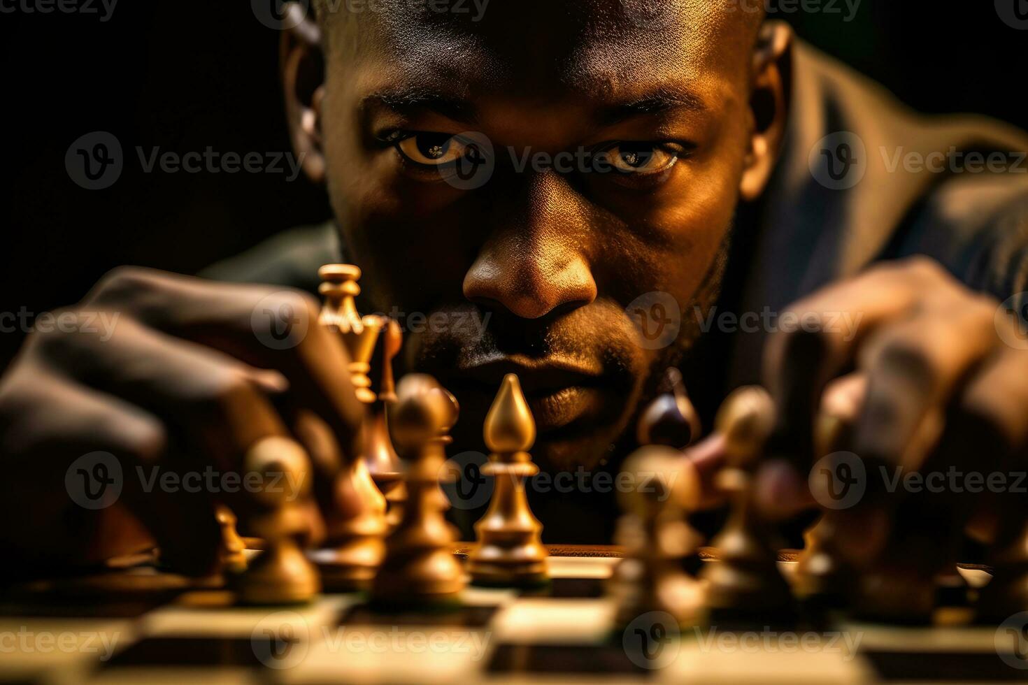 The concentration and determination of a chess player in a strategic match. Generative AI photo