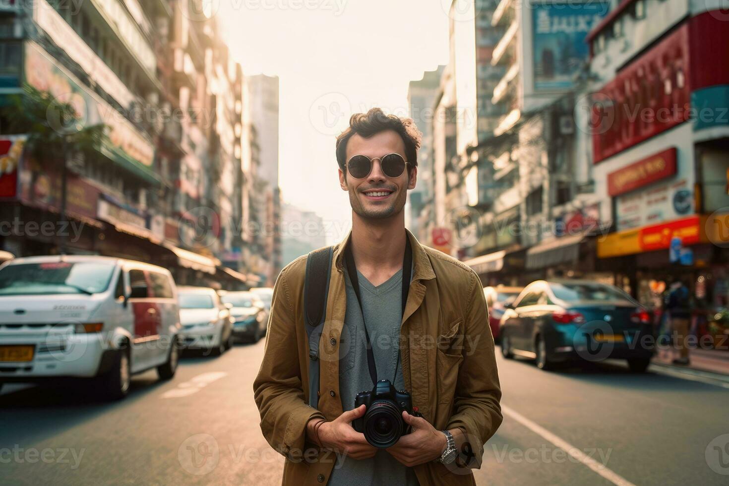 A young couplA young man exploring a bustling city with a camera in hand. Generative AIe exercising together at a gym. Generative AI photo