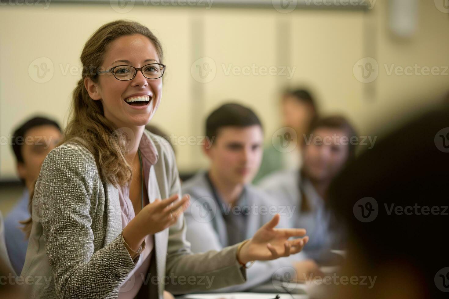 The interaction and knowledge sharing between a young female lecturer and her students in a close - up shot during a seminar or workshop.  Generative AI photo