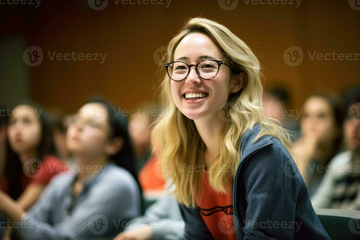 The interaction and knowledge sharing between a young female lecturer and her students in a close - up shot during a seminar or workshop.  Generative AI photo