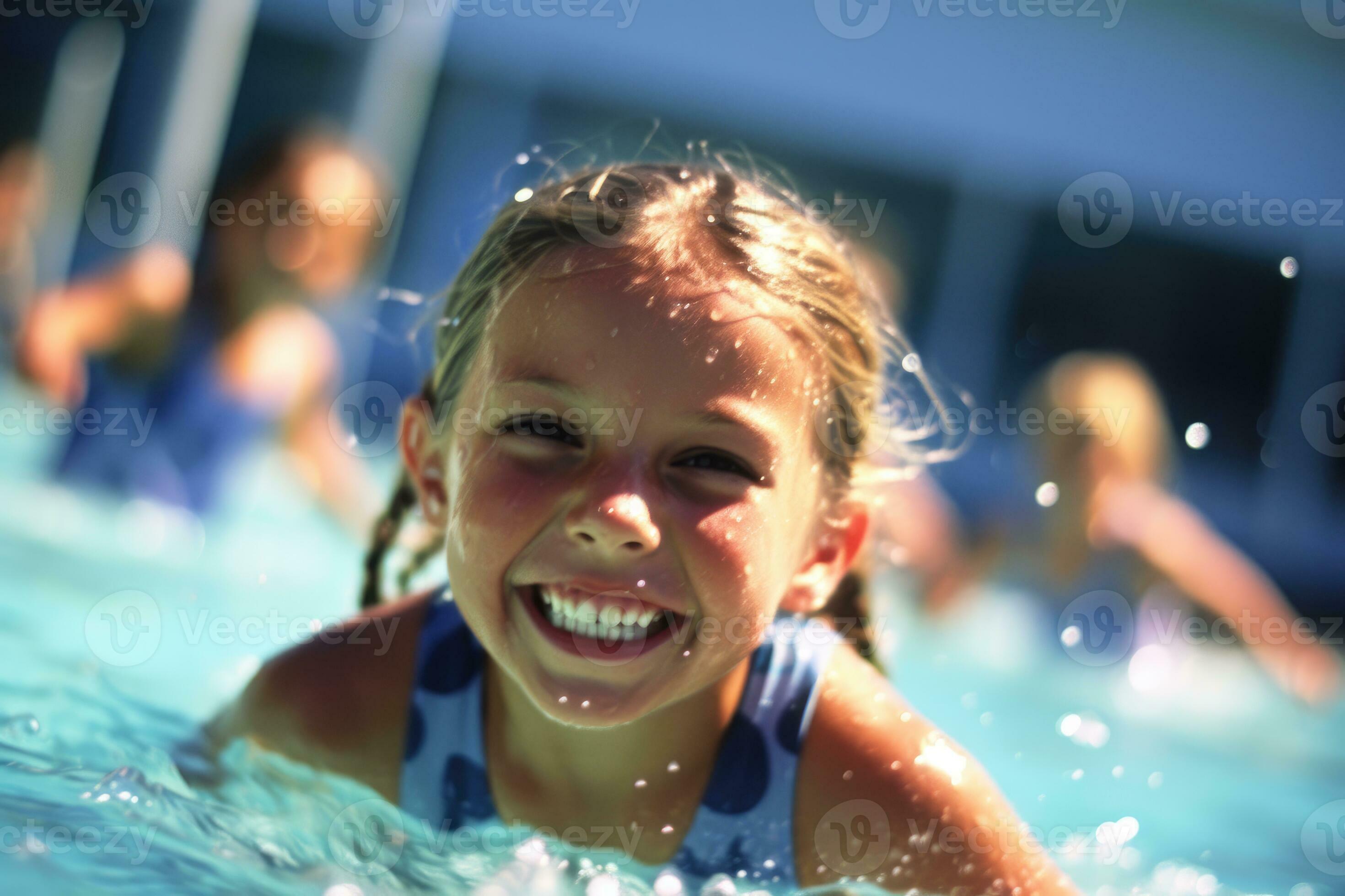 Young child girls as they participate in a swimming lesson at a pool