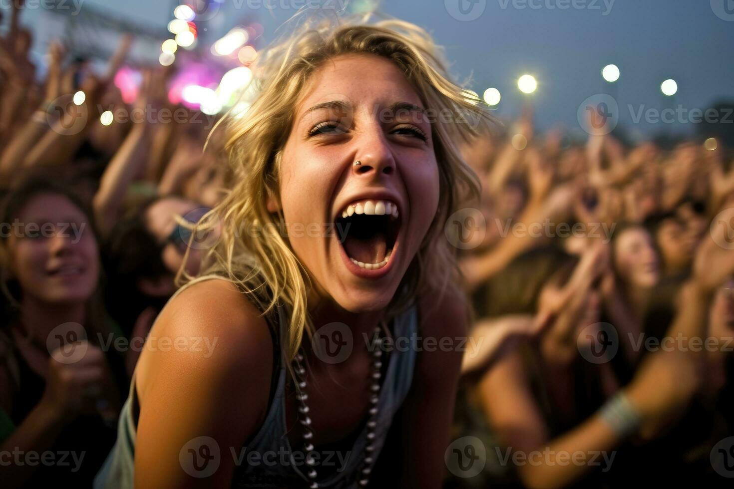 The energy and excitement of a music festival. Photo of people having fun. Generative AI