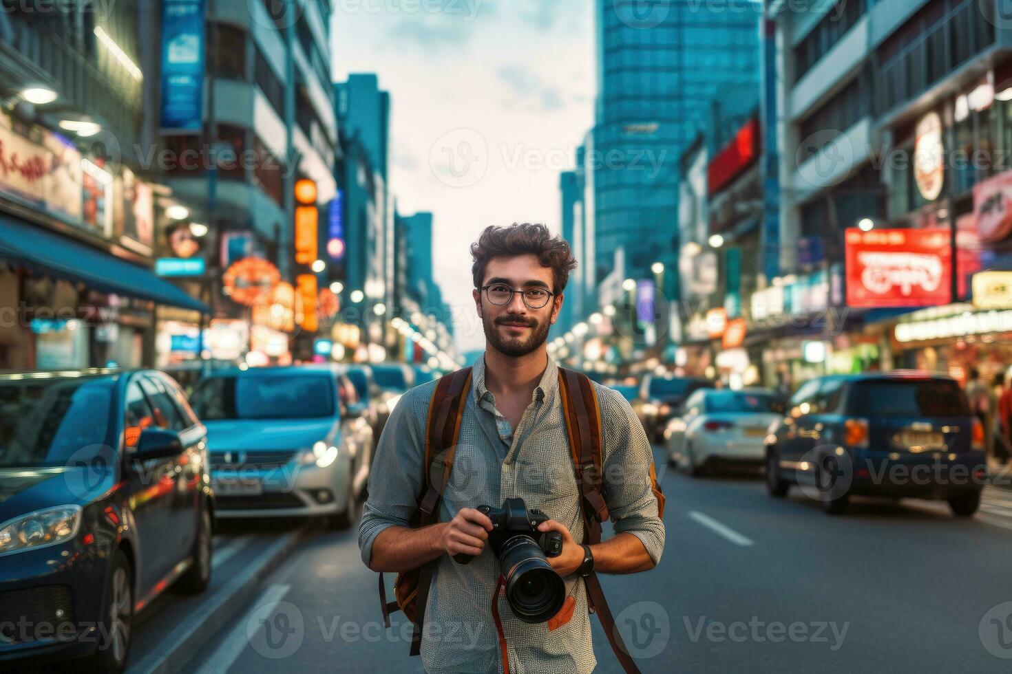 A young couplA young man exploring a bustling city with a camera in hand. Generative AIe exercising together at a gym. Generative AI photo