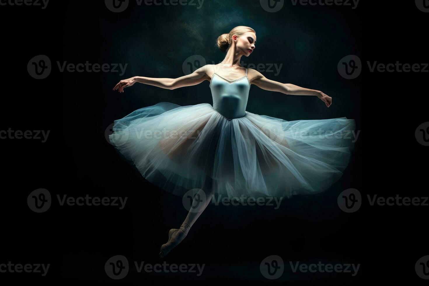 A close - up shot of a ballerina in mid - air, frozen in a graceful pose. Generative AI photo