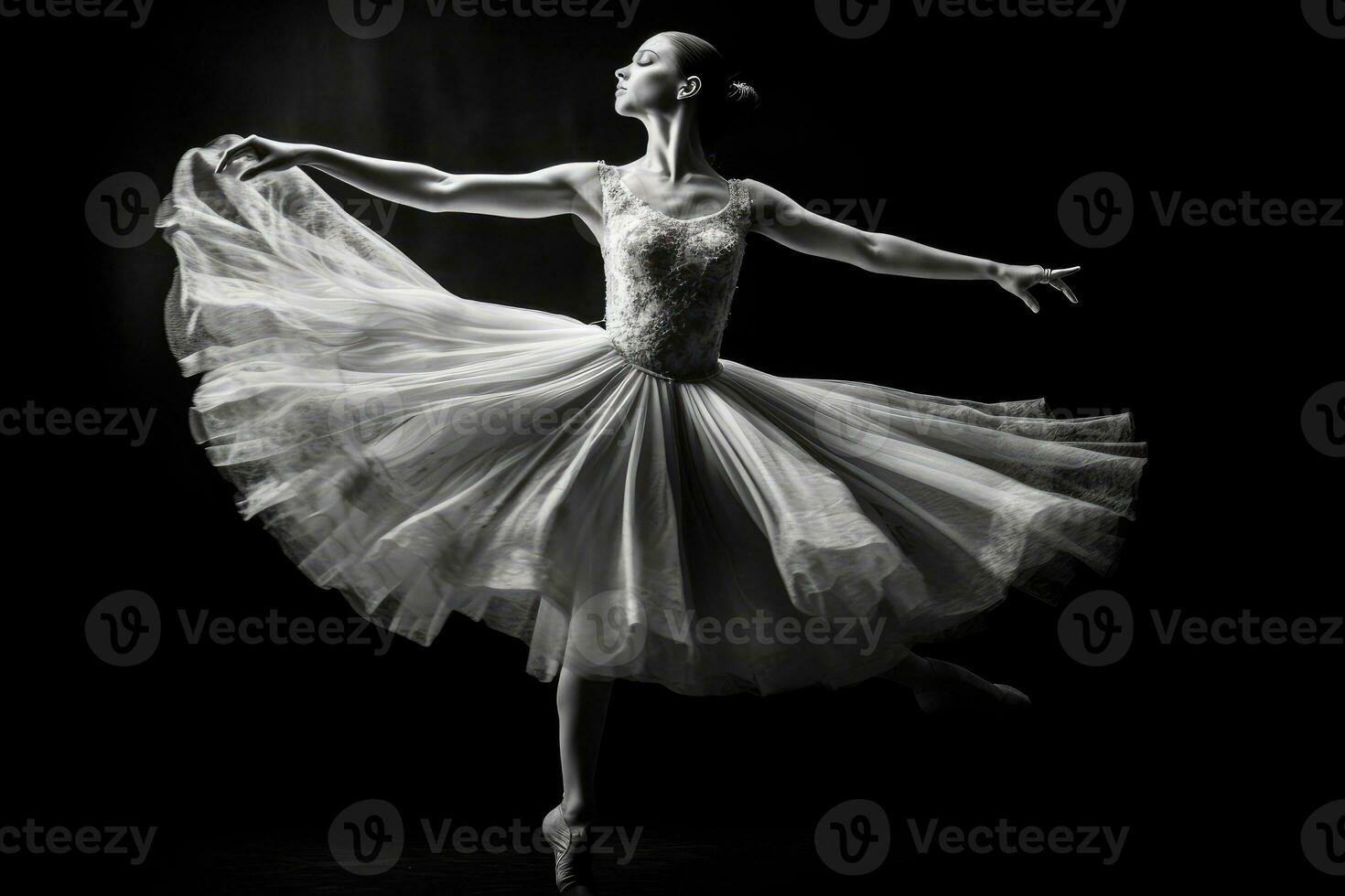 A close - up shot of a ballerina in mid - air, frozen in a graceful pose. Generative AI photo