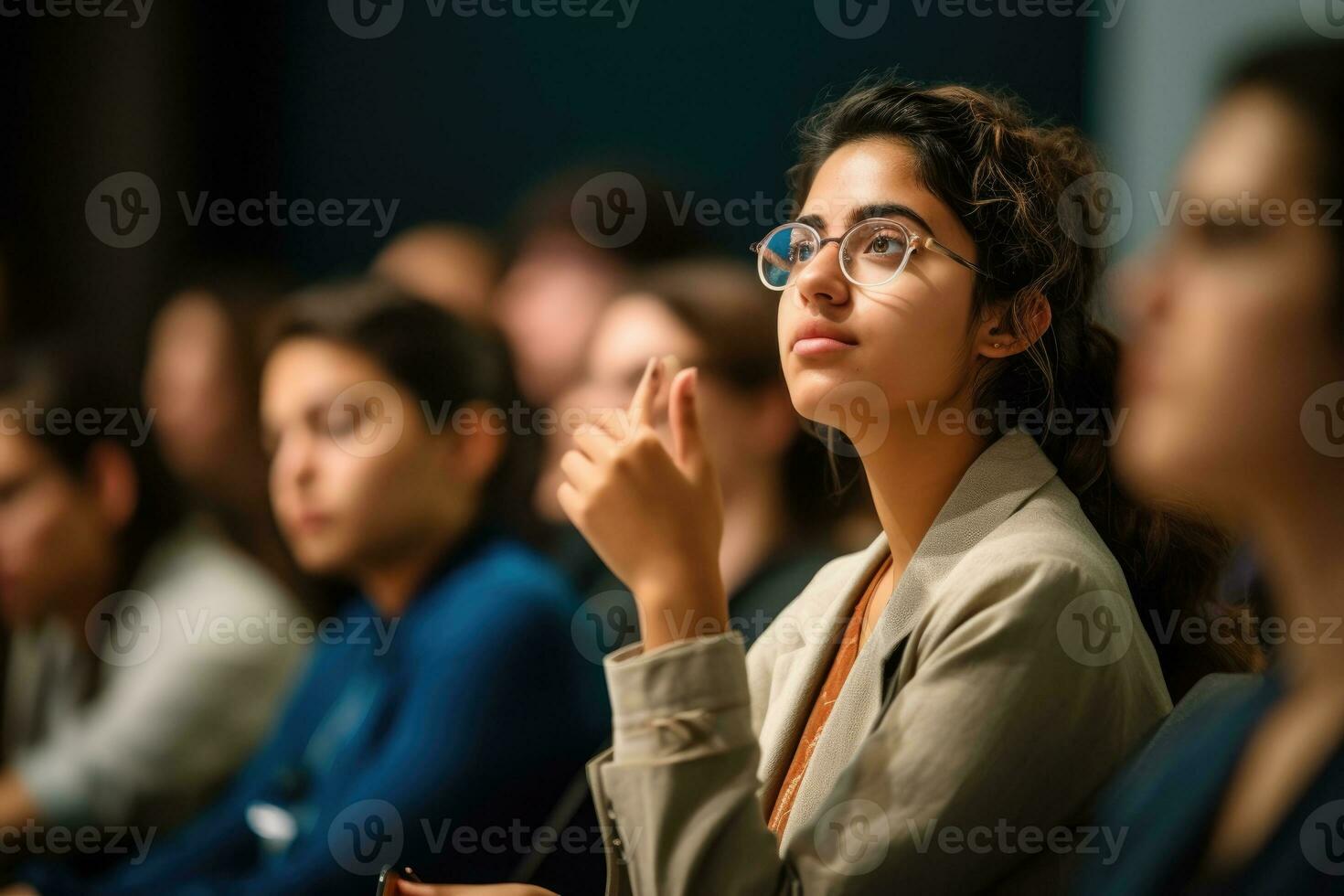 A young female lecturer and her students in a close - up shot during a seminar or workshop.  Generative AI photo