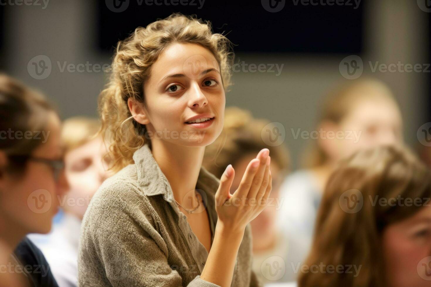 A young female lecturer and her students in a close - up shot during a seminar or workshop.  Generative AI photo