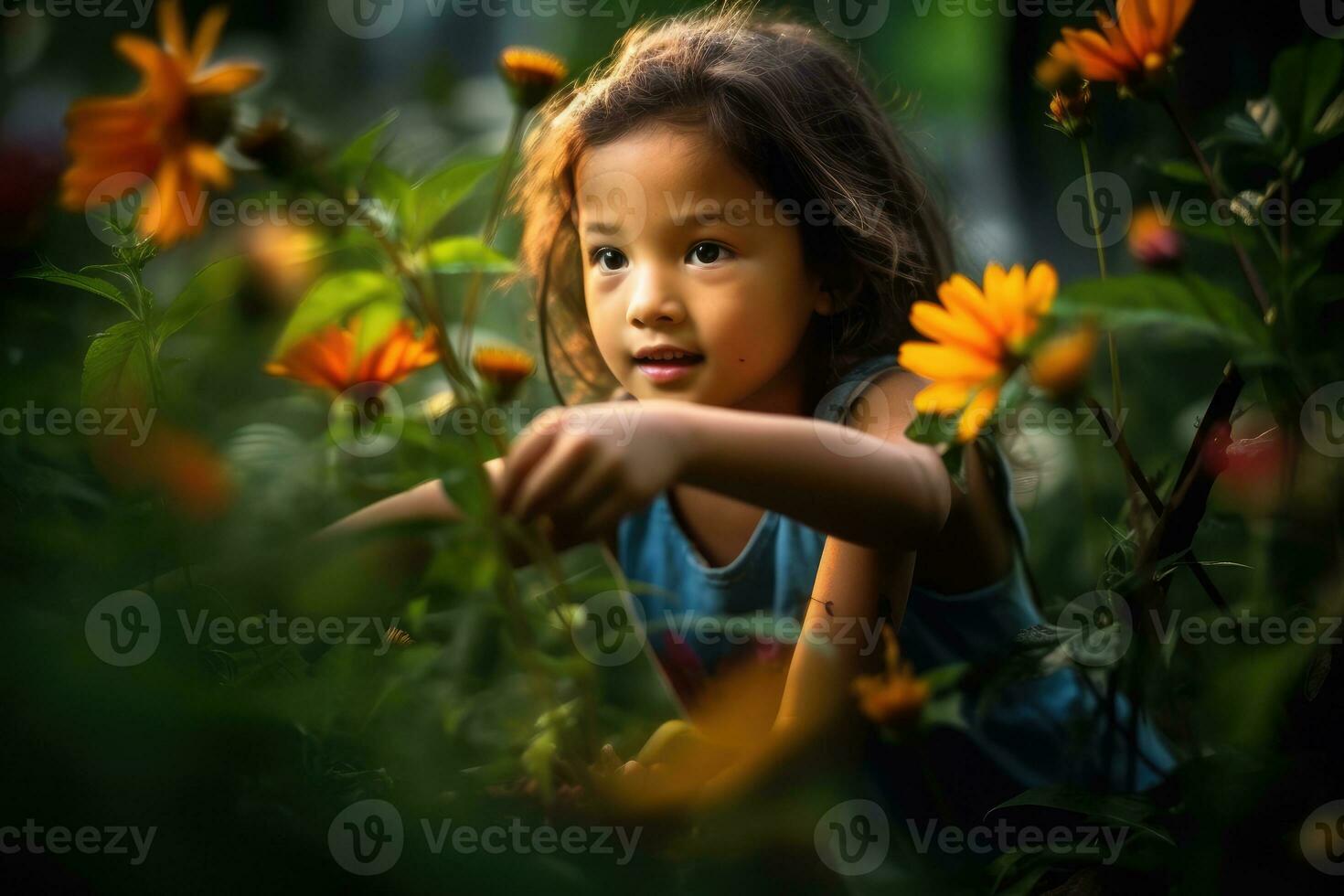 el alegría y curiosidad de un niña a descubrir naturaleza. de cerca de niña cosecha flores generativo ai foto