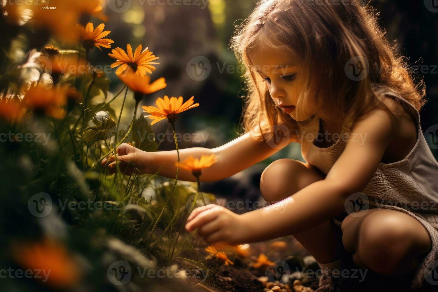 The joy and curiosity of a girl to discover nature. Close-up of girl picking flowers. Generative AI photo