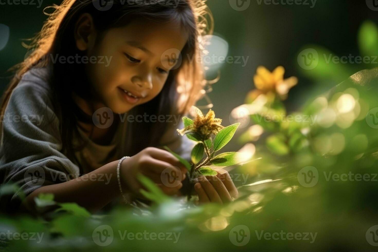 The joy and curiosity of a girl to discover nature. Close-up of girl picking flowers. Generative AI photo