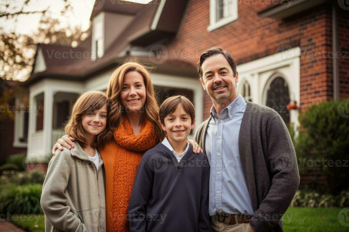 The warmth and togetherness of an American family as they gather in front of their home for a portrait. Generative AI photo