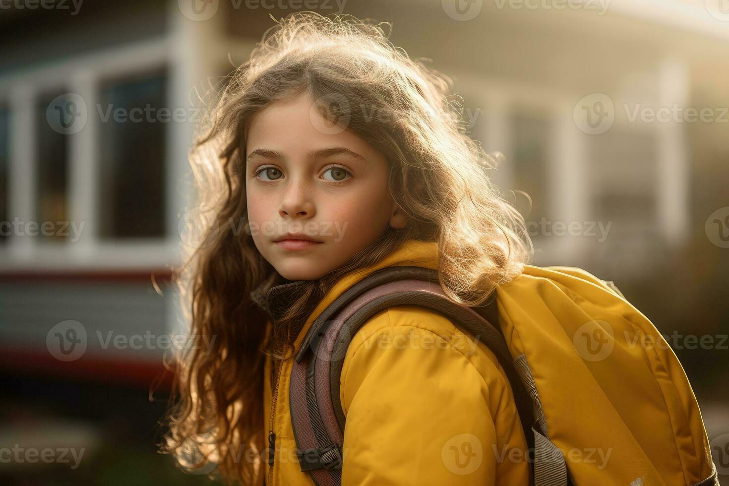 A young girl as she poses close - up with her school backpack waiting in front of a yellow school bus. Generative AI photo